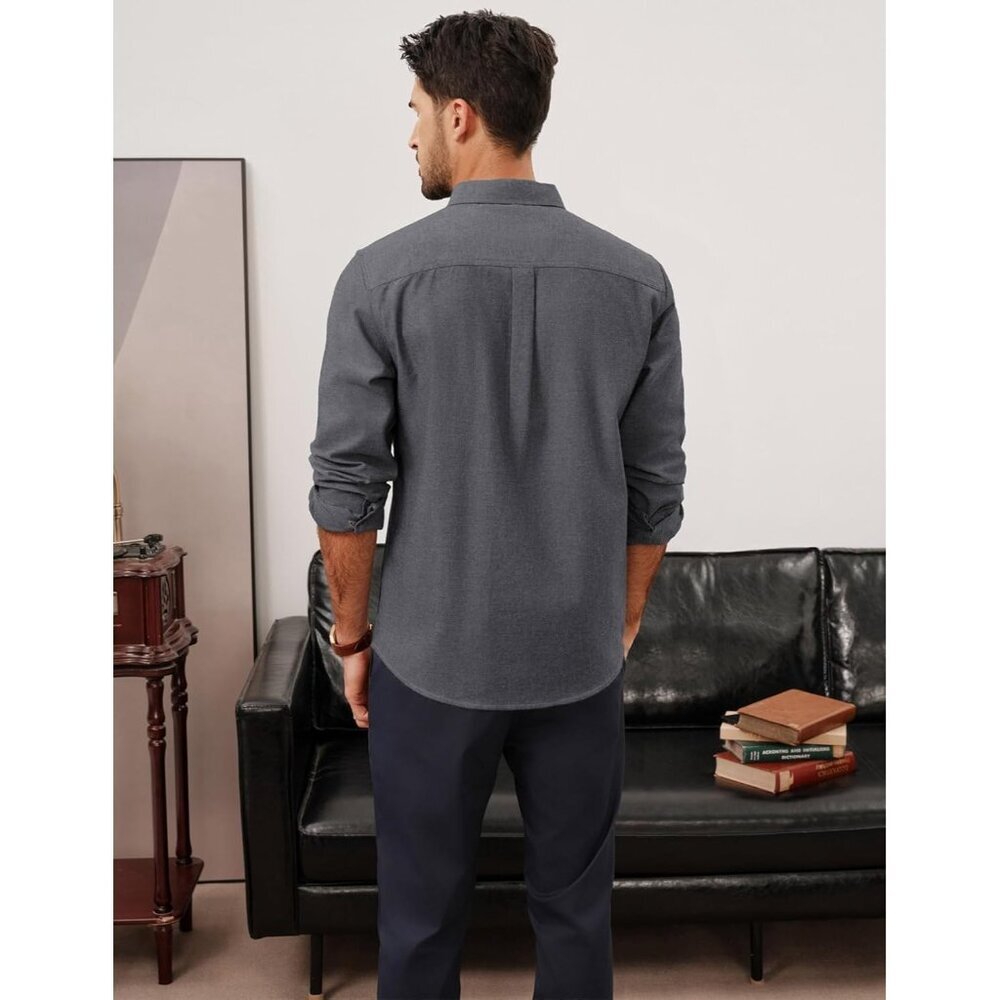 Men's Black Classic Fit Linen Long Sleeve Button Down Casual Shirts - Picture 5 of 6